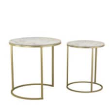 2Pc Round Nesting Stackable Sofa Side Bedside End Table Set Wood Top Metal Legs | Multi | White Marble Top with Gold Legs