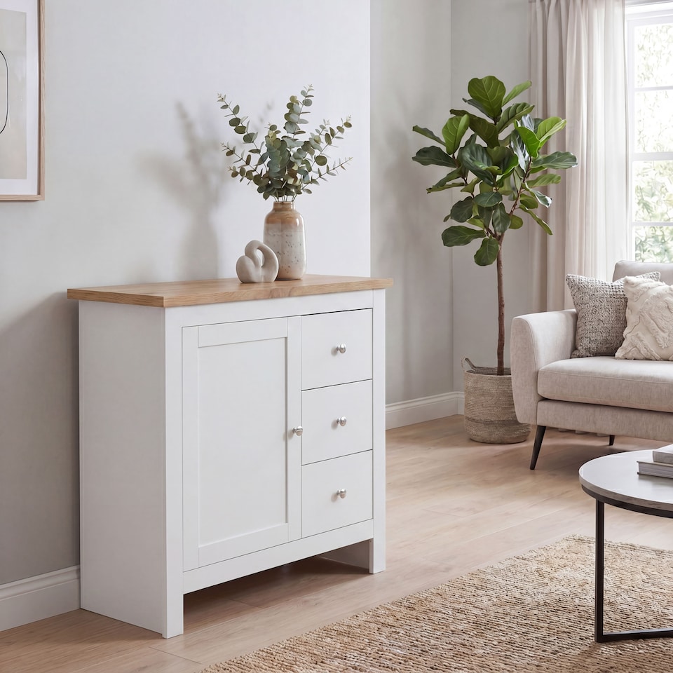 image 1 of Vida Designs Arlington 3 Drawer 1 Door Sideboard Shaker Buffet Cabinet Storage, White & Oak | White | White & Oak | 1