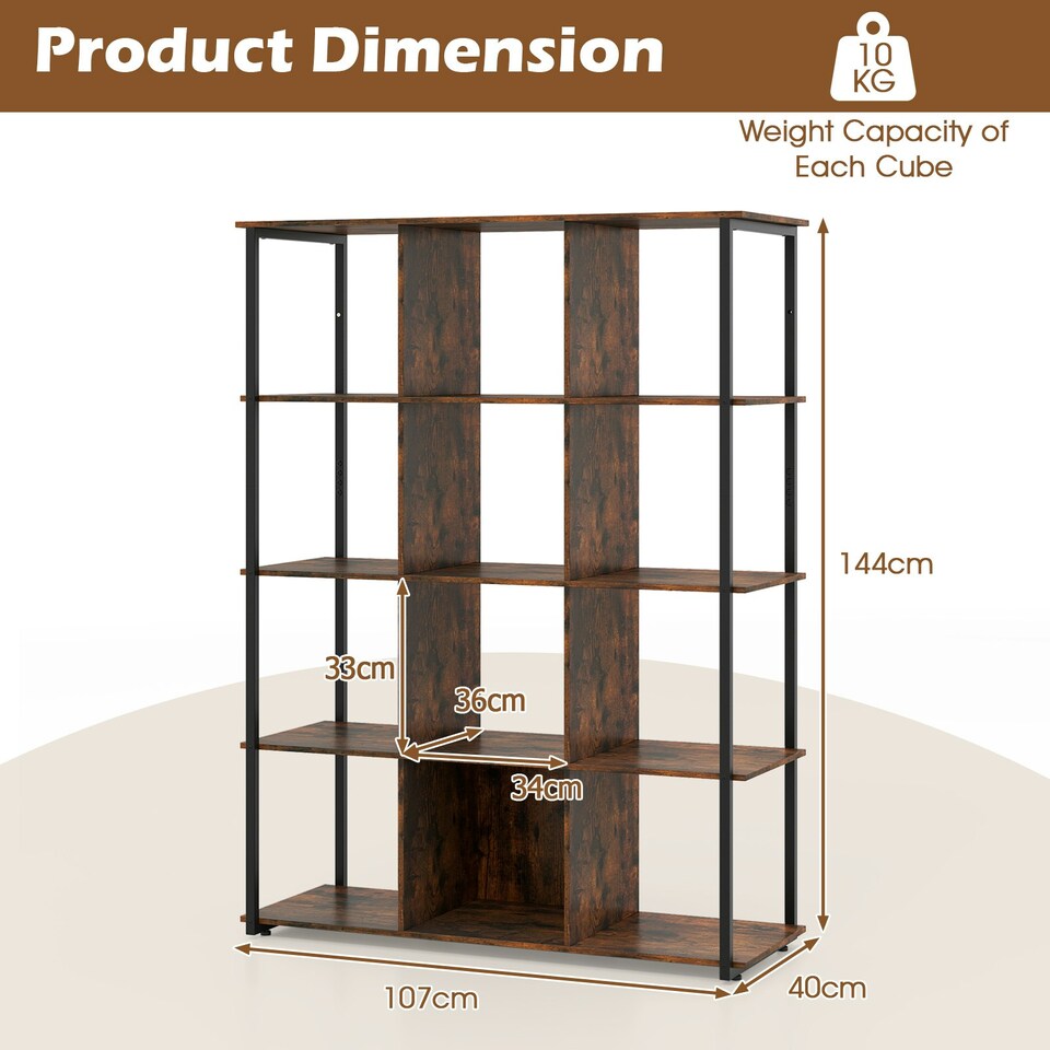 image 1 of COSTWAY 12-Cube Bookcase Freestanding Bookshelf Brown Brown