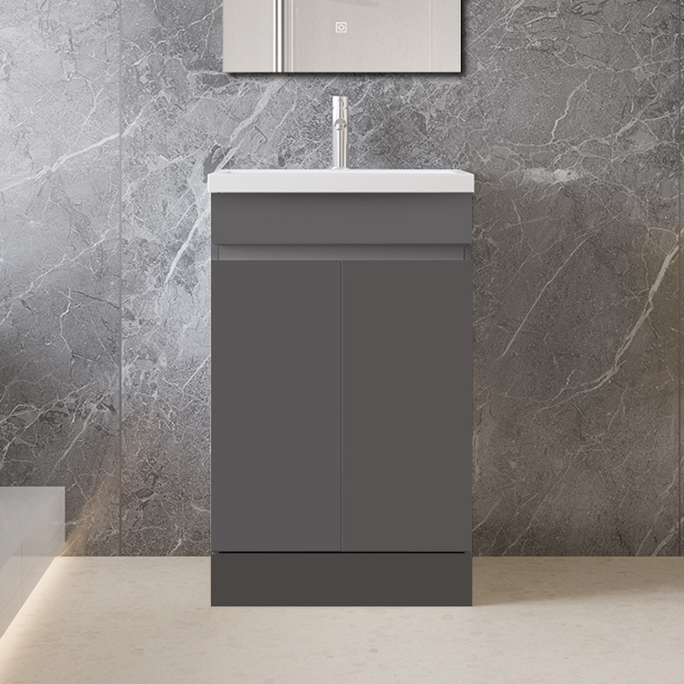 image 1 of AICA 500mm Matte Anthracite Bathroom Vanity Unit With Basin Double Door Floor Standing Design Flat Packed