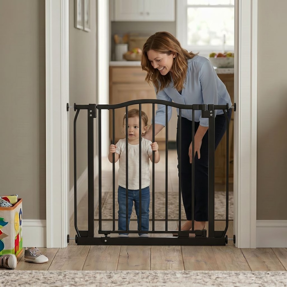 image 1 of Safetots Curved Top Safety Gate, 71cm - 80cm, Matt Black, Pressure Fit Stair Gate