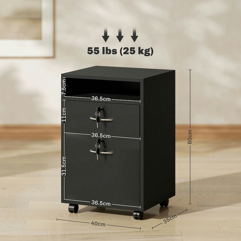 image 1 of HOMCOM 60cm Filing Cabinet with Drawers and Open Shelf, Black