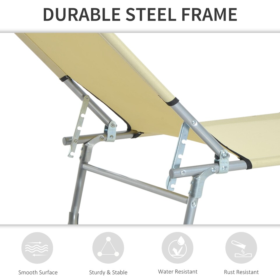 image 1 of Outsunny Camping Cot Picnic Sun Lounger Portable Folding Chaise Chair Patio | White | Beige