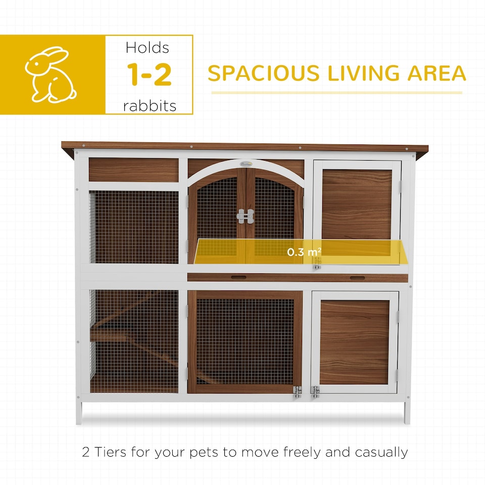 image 1 of PawHut Rabbit Hutch, Guinea Pig Hutch 2-Tier Wooden Cage w/ Ramp Roof, Brown