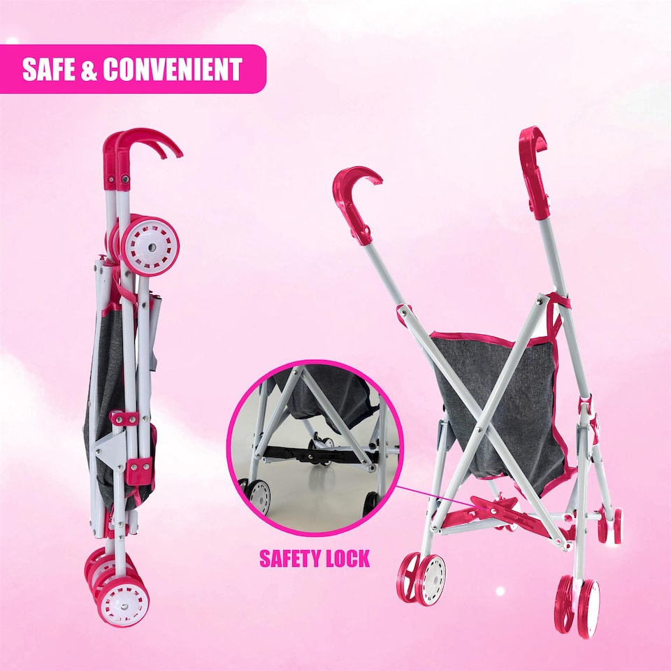 image 1 of BiBi Doll Pink & Black Foldable Dolls Buggy Stroller & Toy Pushchair for 20" Dolls