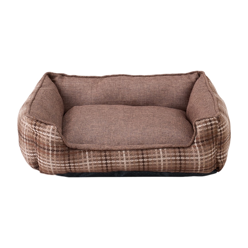 image 1 of Living and Home Linen Woven Pet Bed with Anti-Slip Bottom for Cats & Dogs | Brown | Brown Plaid | S