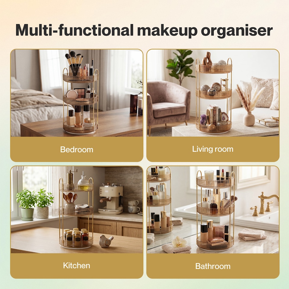 image 1 of ilus Makeup Organiser 360 Rotating Spinning 3 Tiers Cosmetic Organizer | Gold | Gold