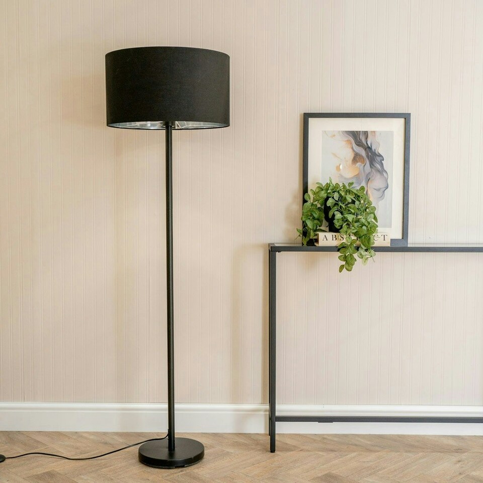 image 1 of ValueLights Charlie Black Floor Lamp Black Chrome Shade & Bulb