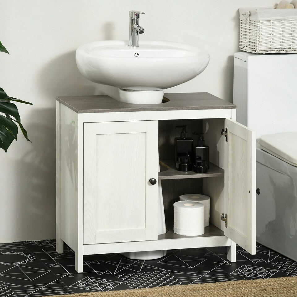 image 1 of kleankin Bathroom Sink Cabinet, Freestanding Under Sink Cabinet Adjustable Shelf White | White