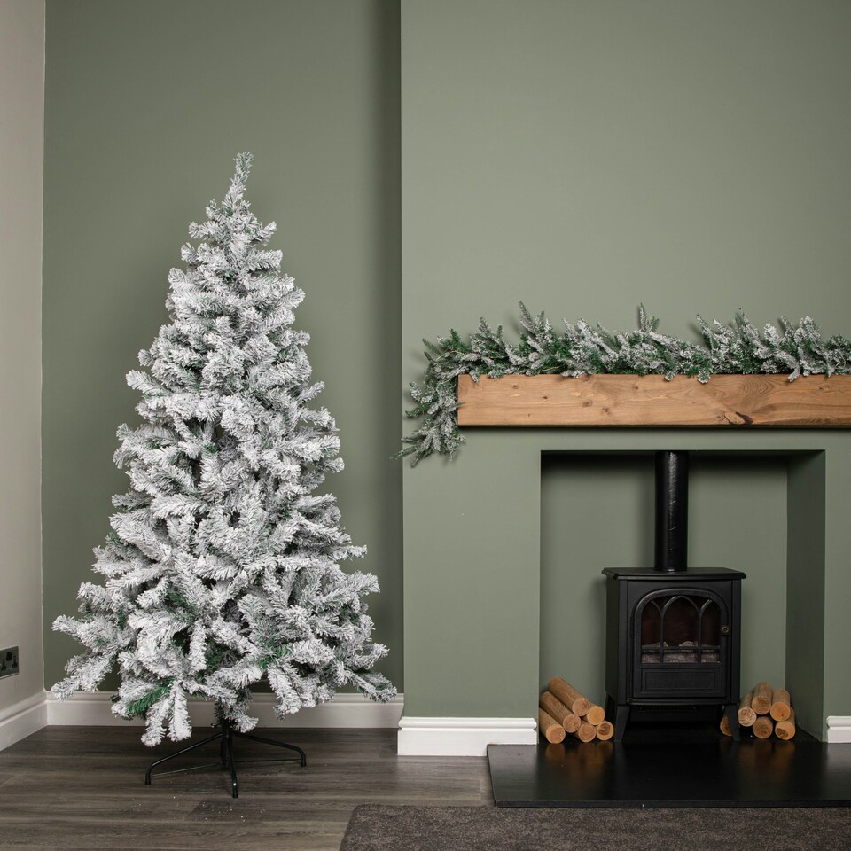 image 1 of 6ft (1.8m) Snow Flocked Artificial Christmas Tree with Green Metal Stand and 455 Tips