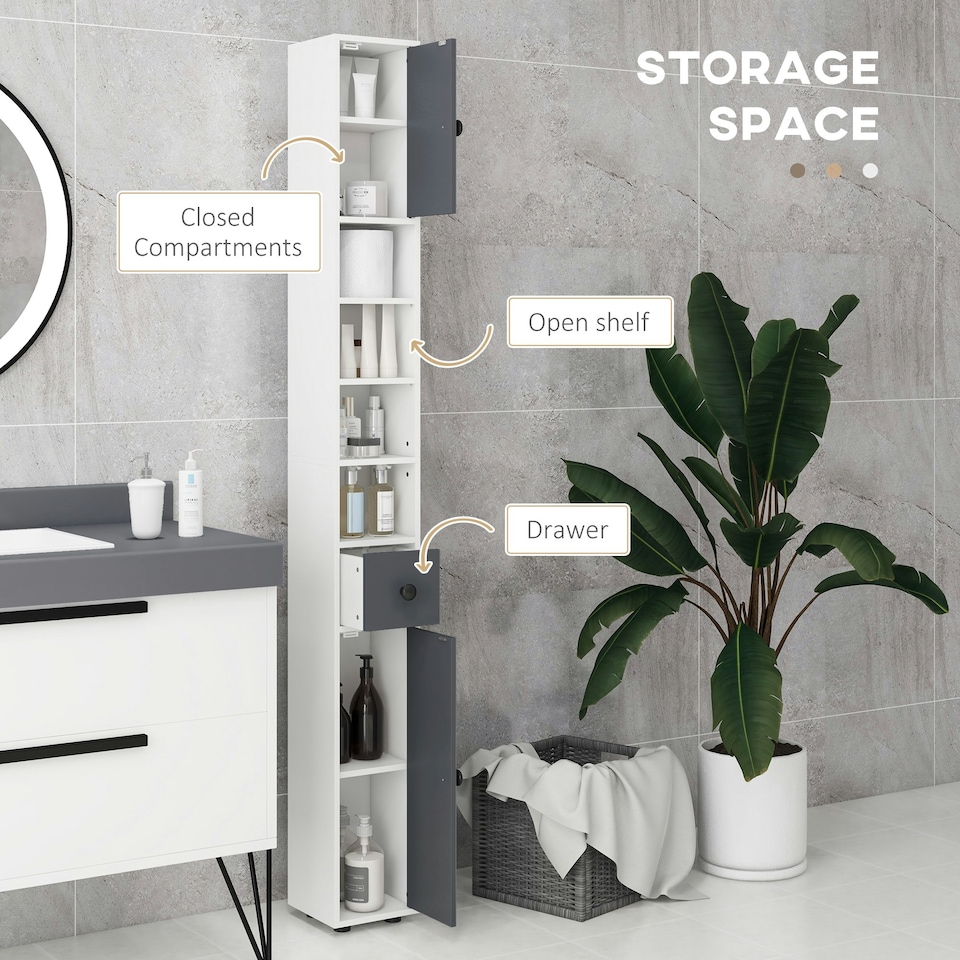image 1 of kleankin Slim Bathroom Cabinet, Toilet Roll Storage w/ Open Shelves, Grey