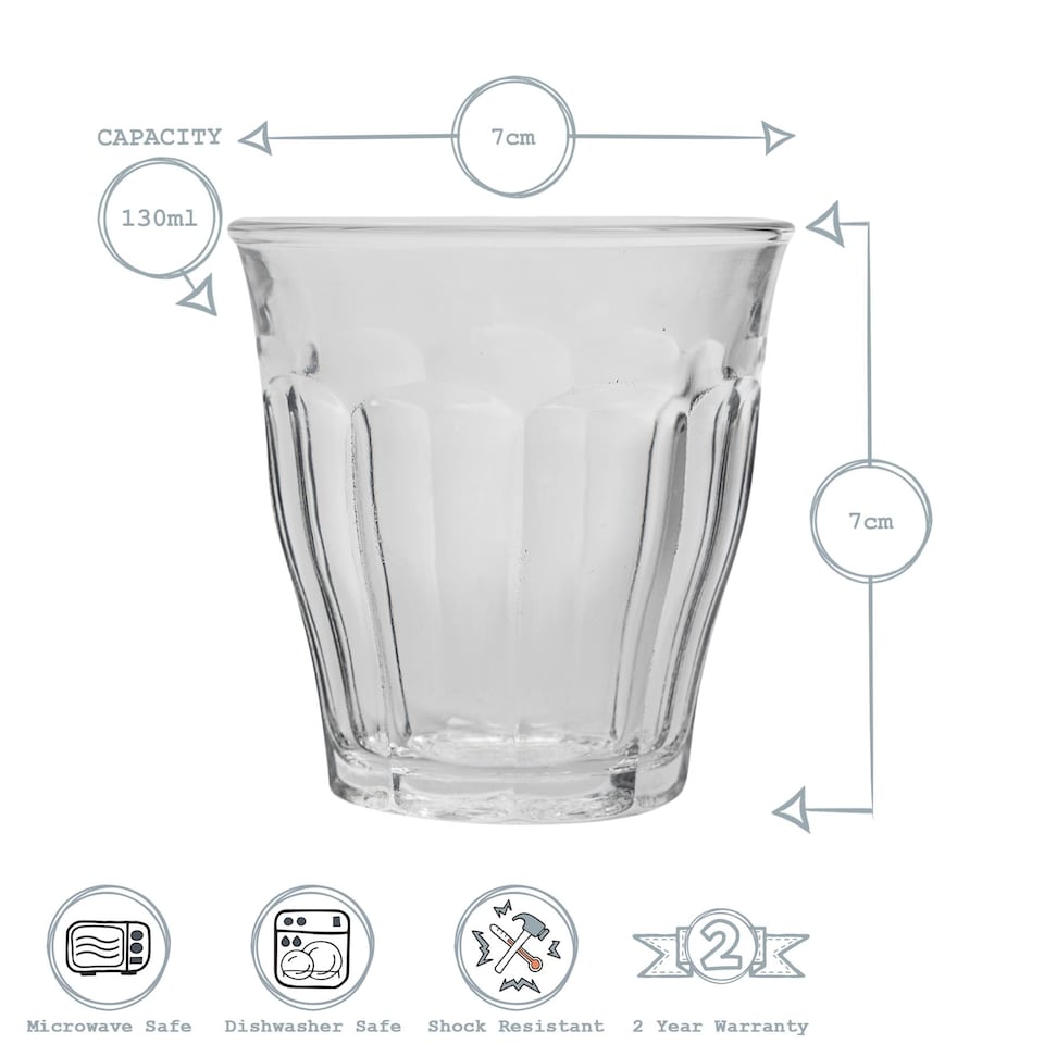 image 1 of Duralex Picardie Drinking Glasses - 130ml Tumblers for Water, Juice - Pack of 6 | Clear | Clear