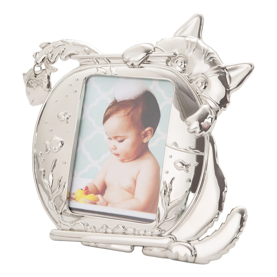 image 1 of Quirky Hiding Cat Themed Nickel Plated Picture Frame with Hanging Fish | Silver | 4" x 4"