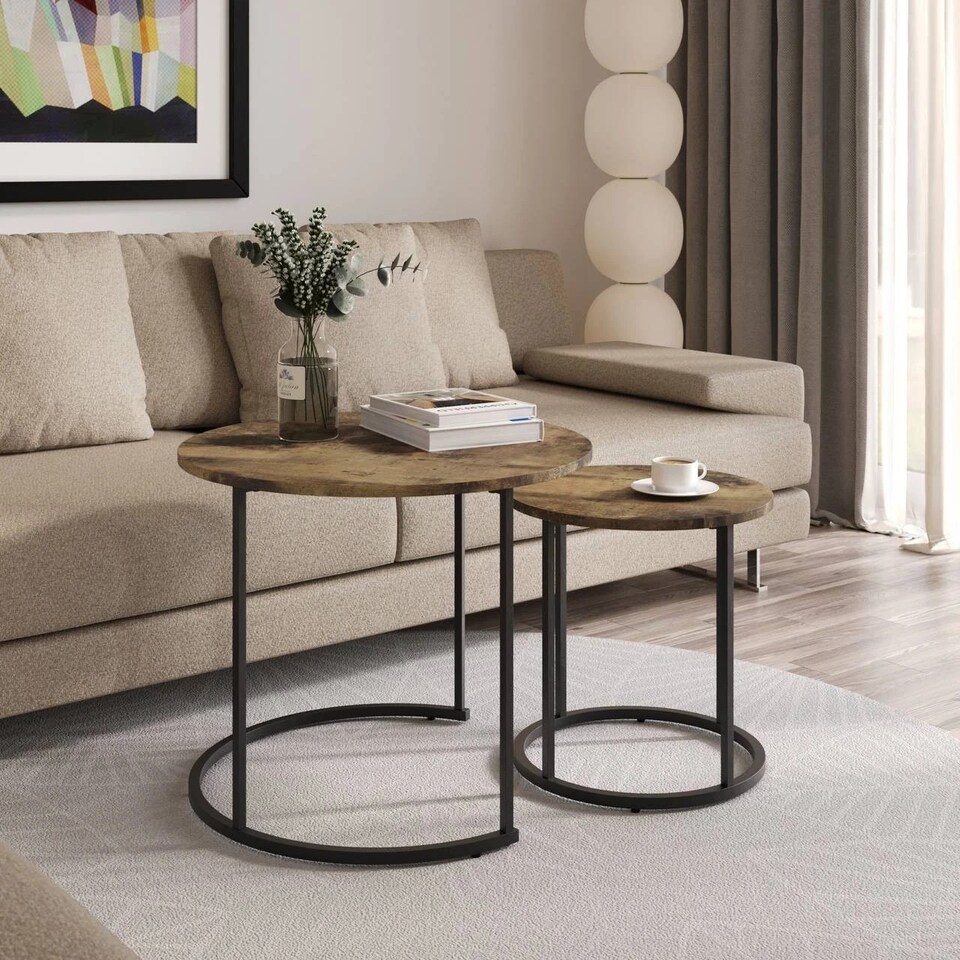 image 1 of Set of 2 Nesting Tables Industrial Round Side Tables with Steel Frame Stacking | Black | Wild Oak | 1