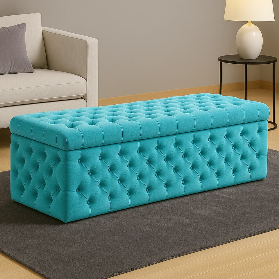 image 1 of 150cm Wide Lux Ottoman Storage Box, Teal Velvet Upholstered Chesterfield Storage Ottoman Box