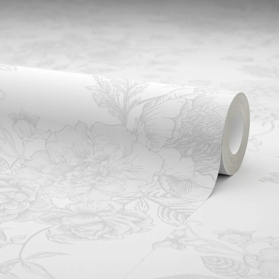 image 1 of Romantic Roses Wallpaper in Grey on White Multi