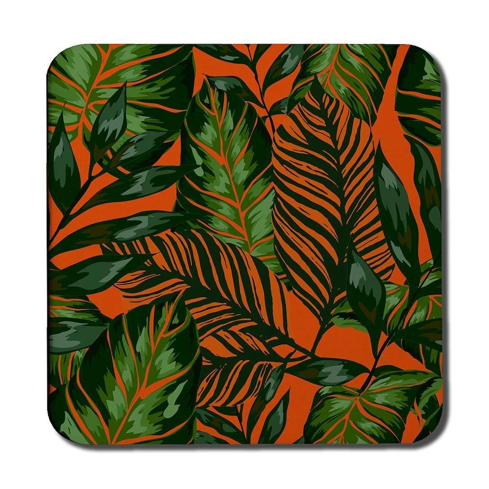image 1 of Green Tropical Leaves on Orange (Coaster)