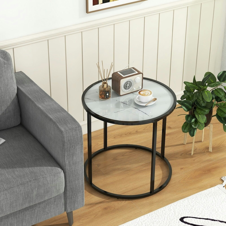 image 1 of COSTWAY Glass End Table 50cm Round Side Table White
