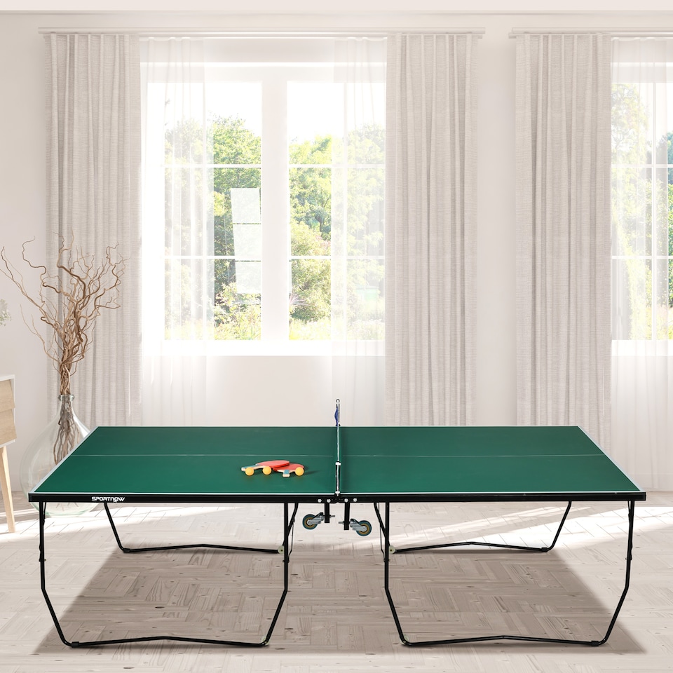 image 1 of SPORTNOW 9FT Folding Table Tennis Table w/ 8 Wheels for Indoors, Green