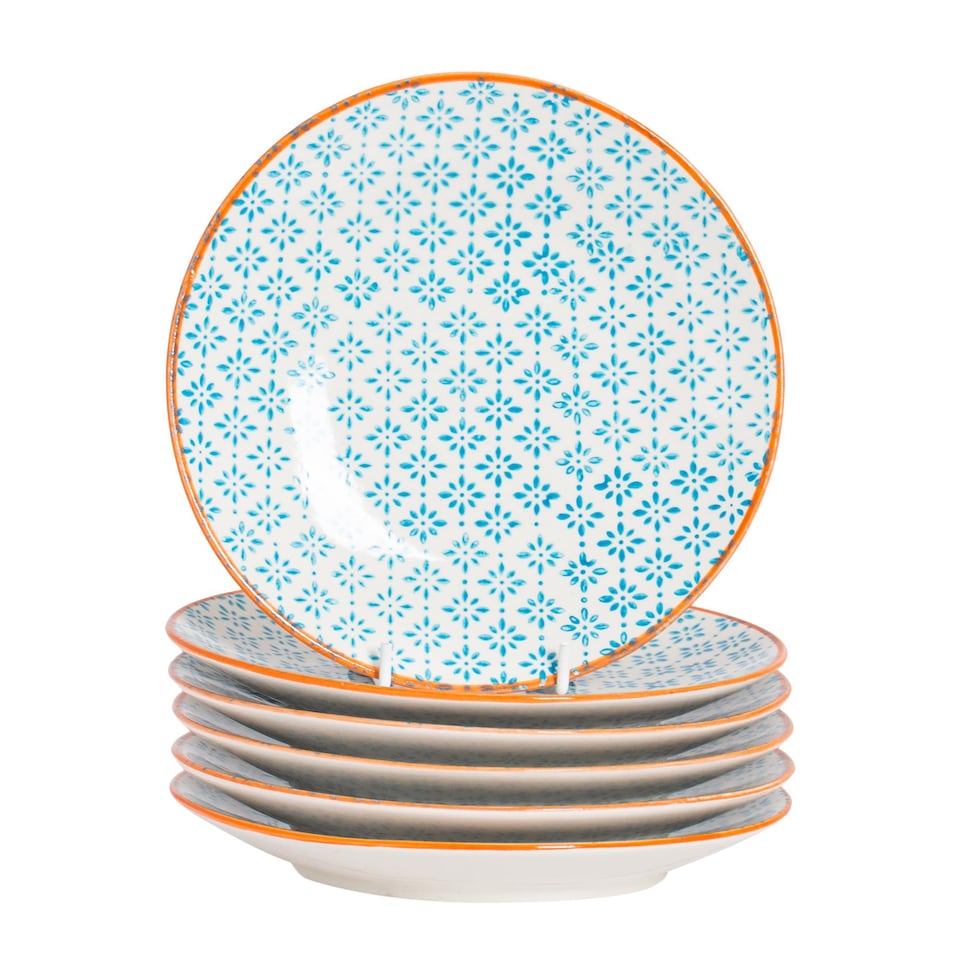 image 1 of Nicola Spring Hand-Printed Side Plates - 18cm - Blue - Pack of 6 Ceramic Dining Plates for Desserts Starters Snacks & Serving