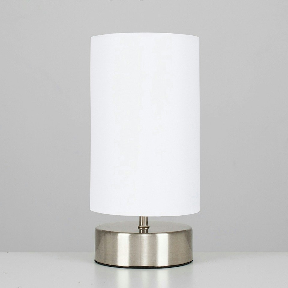 image 1 of ValueLights Brushed Chrome Touch Dimmer Bedside Table Lamp with White Cylinder Light Shade and Dimmable Candle Bulb 3000K Warm White White