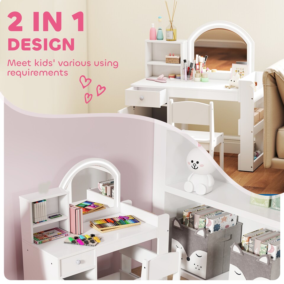 image 1 of AIYAPLAY Kids Vanity Table and Chair Set, Girls Dressing Table with 2-Colour LED Mirror, Stool, Cabinet, Drawer, Bookshelf and Shelves for Ages 3-8 Years | White