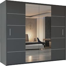 Modern Panelled Mirror Sliding Wardrobe 150cm | White/Black/Grey/Oak 2-Door Bedroom Cabinet Grey | Grey150cm