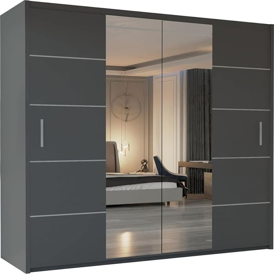 image 1 of Modern Panelled Mirror Sliding Wardrobe 150cm | White/Black/Grey/Oak 2-Door Bedroom Cabinet Grey | Grey150cm
