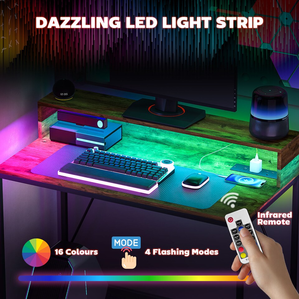 image 1 of HOMCOM 100cm Computer Desk with LED Lights and Power Outlets, Gaming Desk with Monitor Stand, Computer Table with Remote for Home Office Study, Rustic Brown