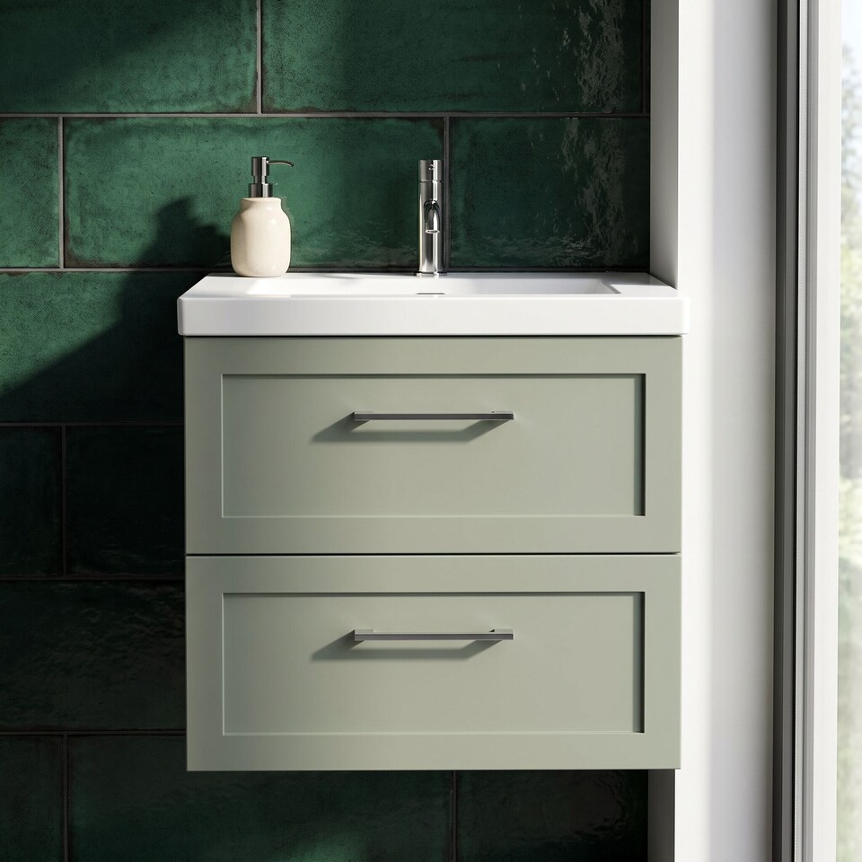 image 1 of Balterley Stonnall Traditional Wall Hung 2 Drawers Vanity Unit with 1 Tap Hole Fireclay Basin, 600mm, Reed Green