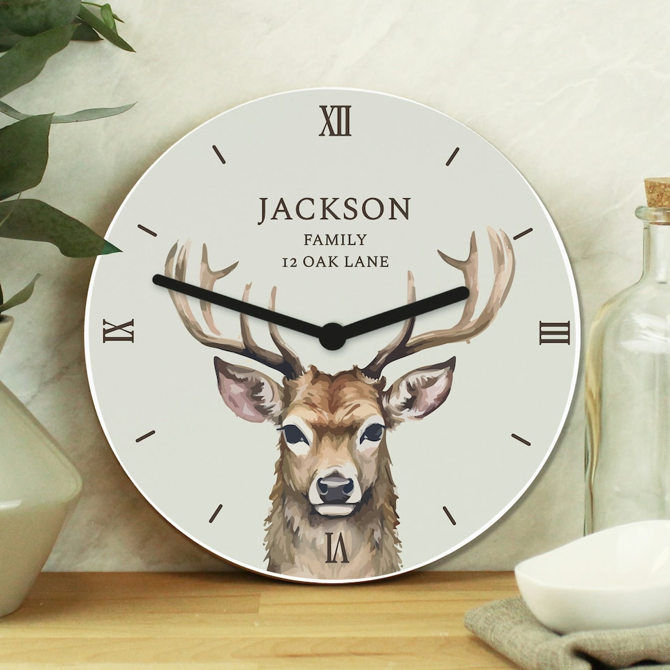 image 1 of Personalised Watercolour Stag Wooden Clock