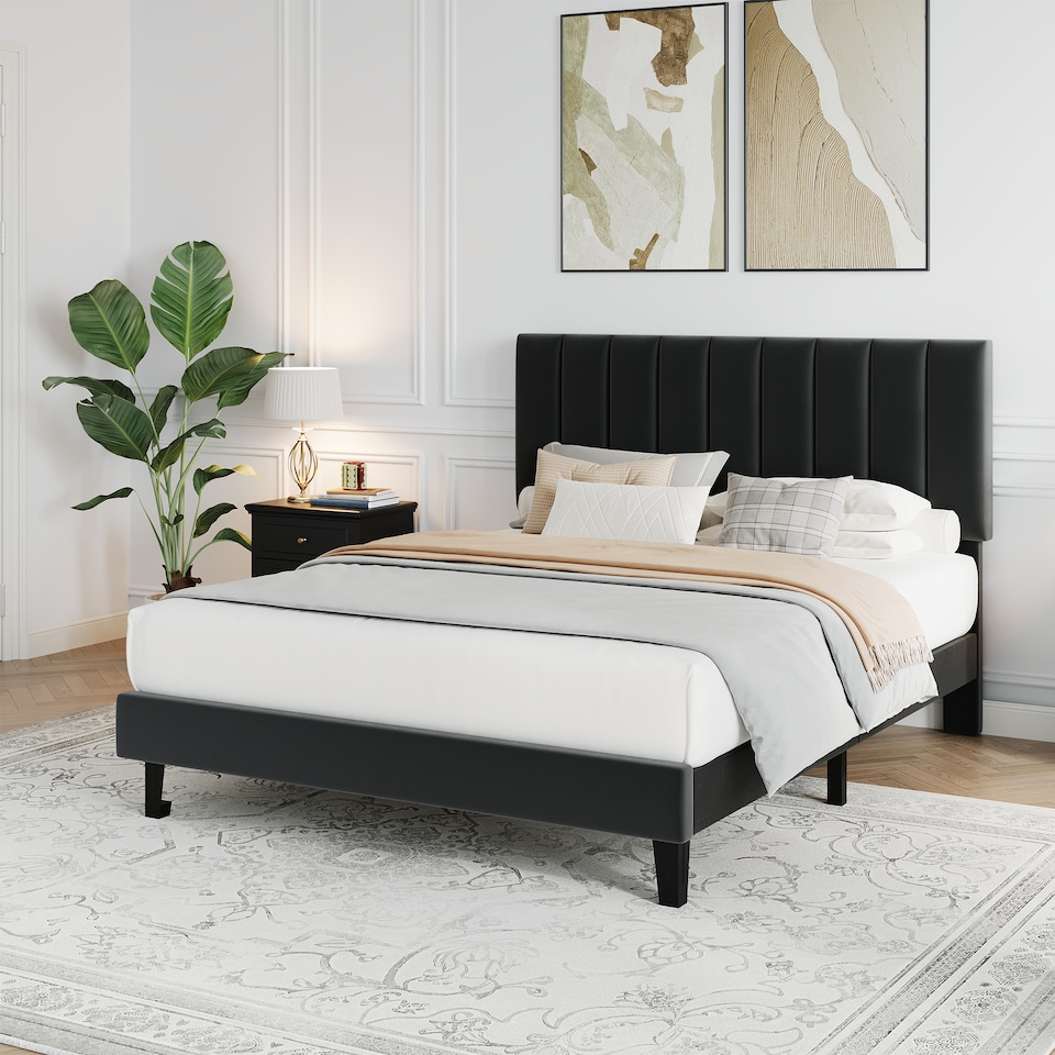 image 1 of London Boutique Double Velvet Upholstered Bed Frame with Adjustable Tufted Headboard - Black