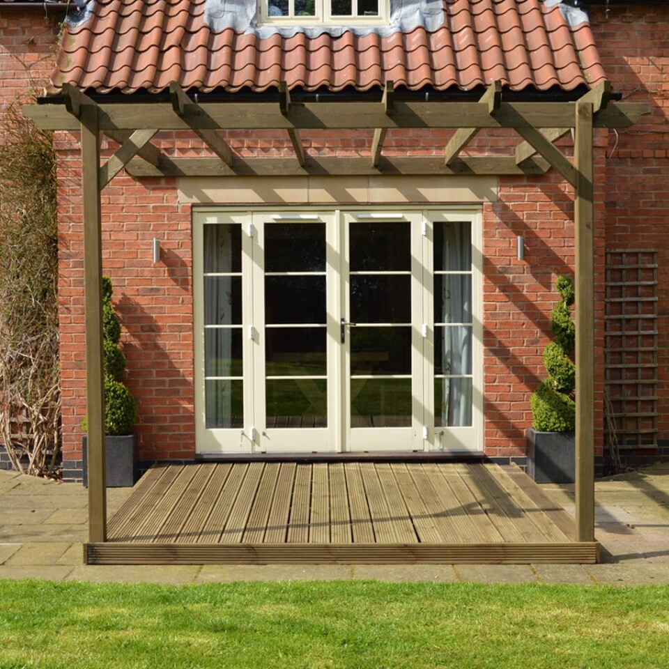 image 1 of Wall Mounted Pergola and Decking Kit - L240 x W240 x H270 cm - Rustic Brown