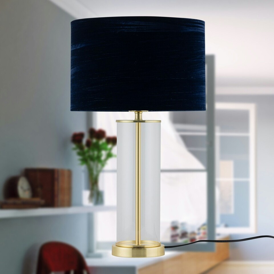 image 1 of Set of 2 Aura - Satin Brass Lamps with Navy Blue Crushed Velvet Shades Bronze | Blue