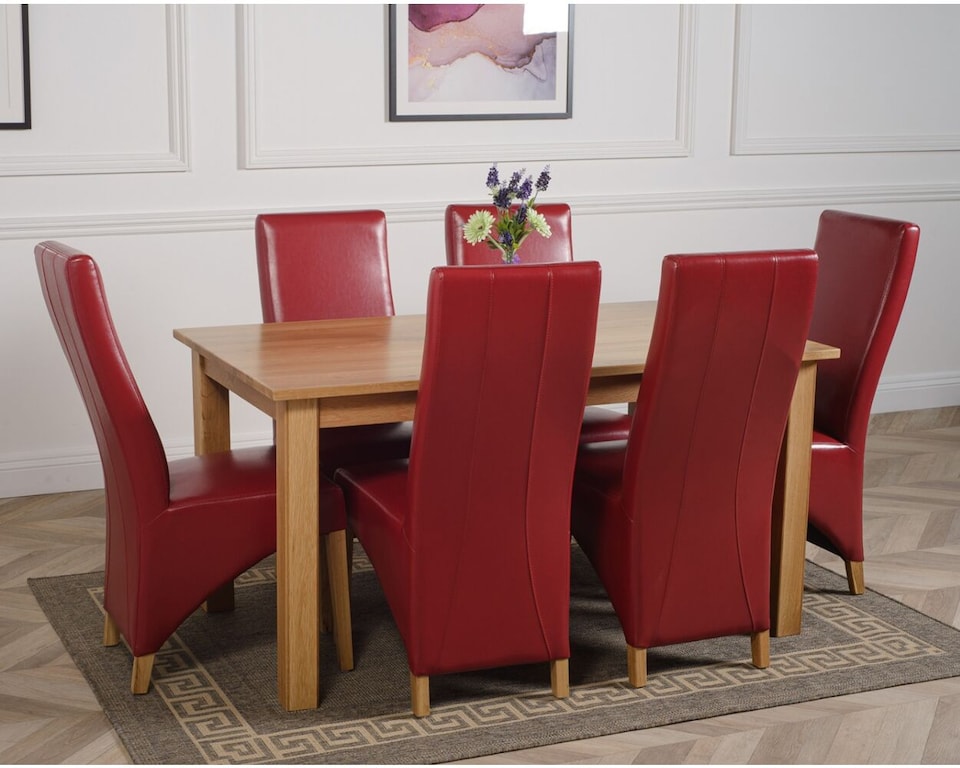 image 1 of Oslo 150 x 90 cm Medium Oak Dining Table and 6 Lola Leather Chairs | Red | Red