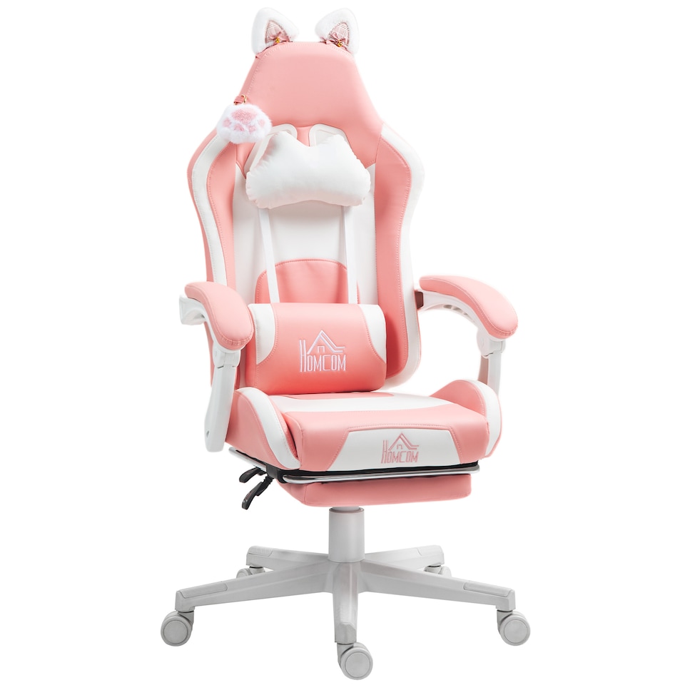 image 1 of HOMCOM Gaming Chair for Adults with Cat Ears, Faux Leather Reclining Computer Chair with Footrest, Lumbar Support and Headrest, Height Adjustable Swivel Seat, Pink