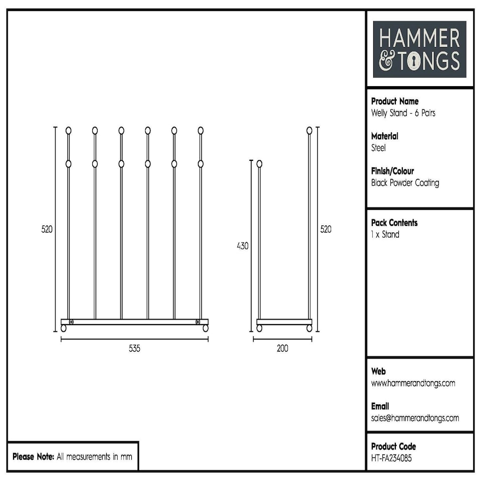 image 1 of Hammer and Tongs Steel Wellington Boot Rack - 6 Pair - Black Black