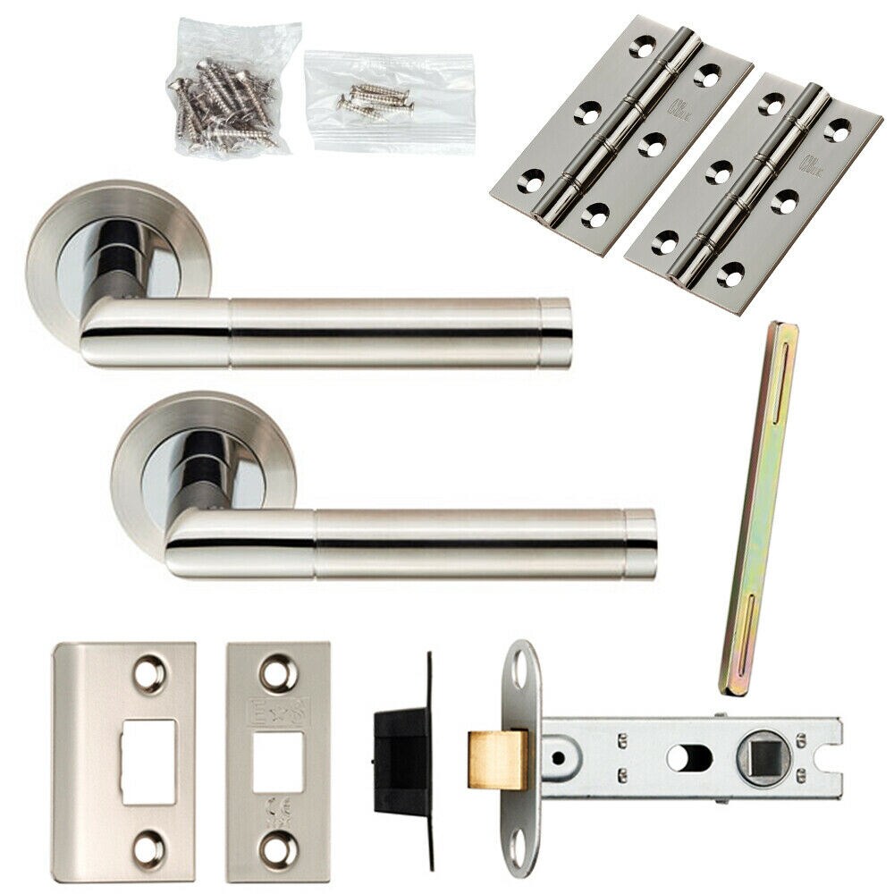 Loops Door Handle & Latch Pack Polished & Satin Steel Mitred Lever Screwless Rose in Metallics