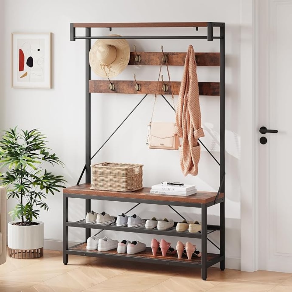 image 1 of London Boutique Hall Tree with Bench & 2-Tier Shoe Rack 102x40x183cm