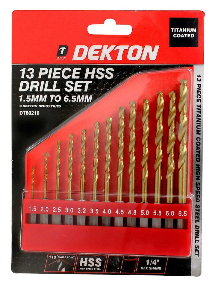 image 1 of Dekton 13pc 1/4'' Shank Hss Drill Set 1.5mm-6.5mm High Speed Steel Drill Bits, H