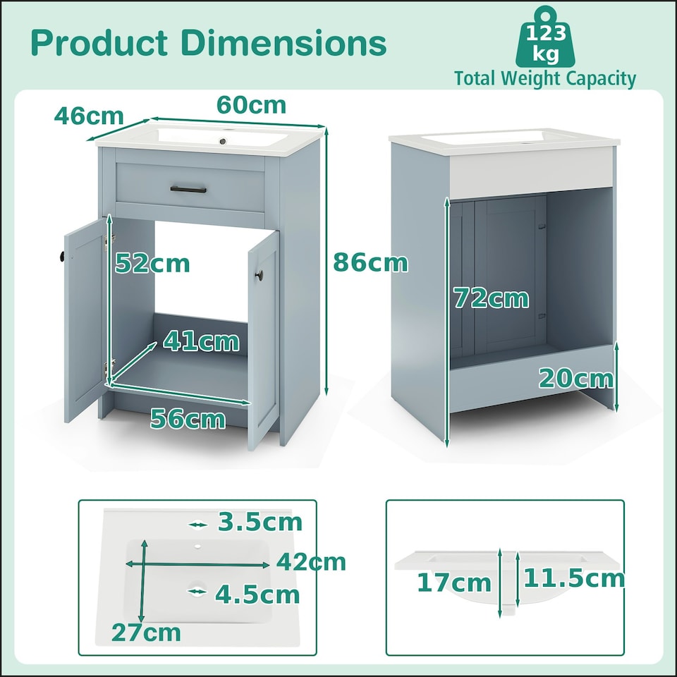 image 1 of COSTWAY Bathroom Vanity Storage Cabinet w/2 Doorsy Grey