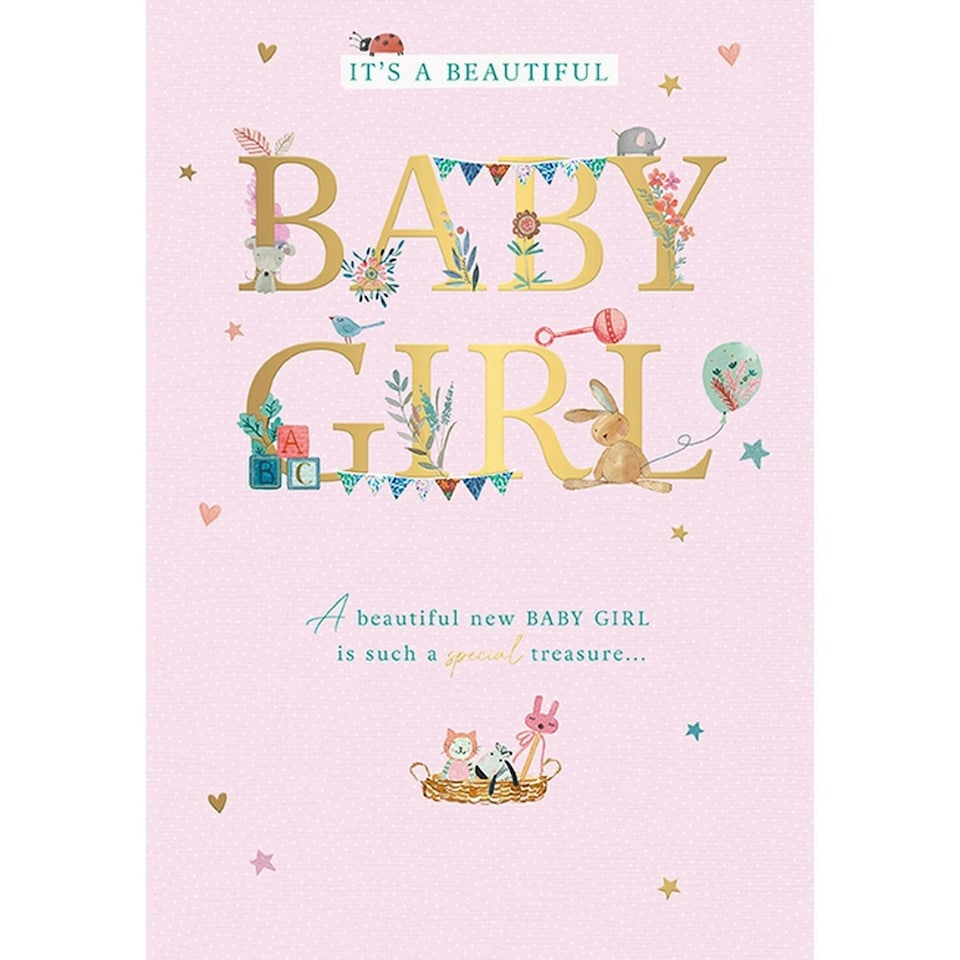 Words 'n' Wishes Traditional Birth Card for a Girl, Welcome Baby Girl Card, Multi-Coloured 23.5 x 16.5 cms