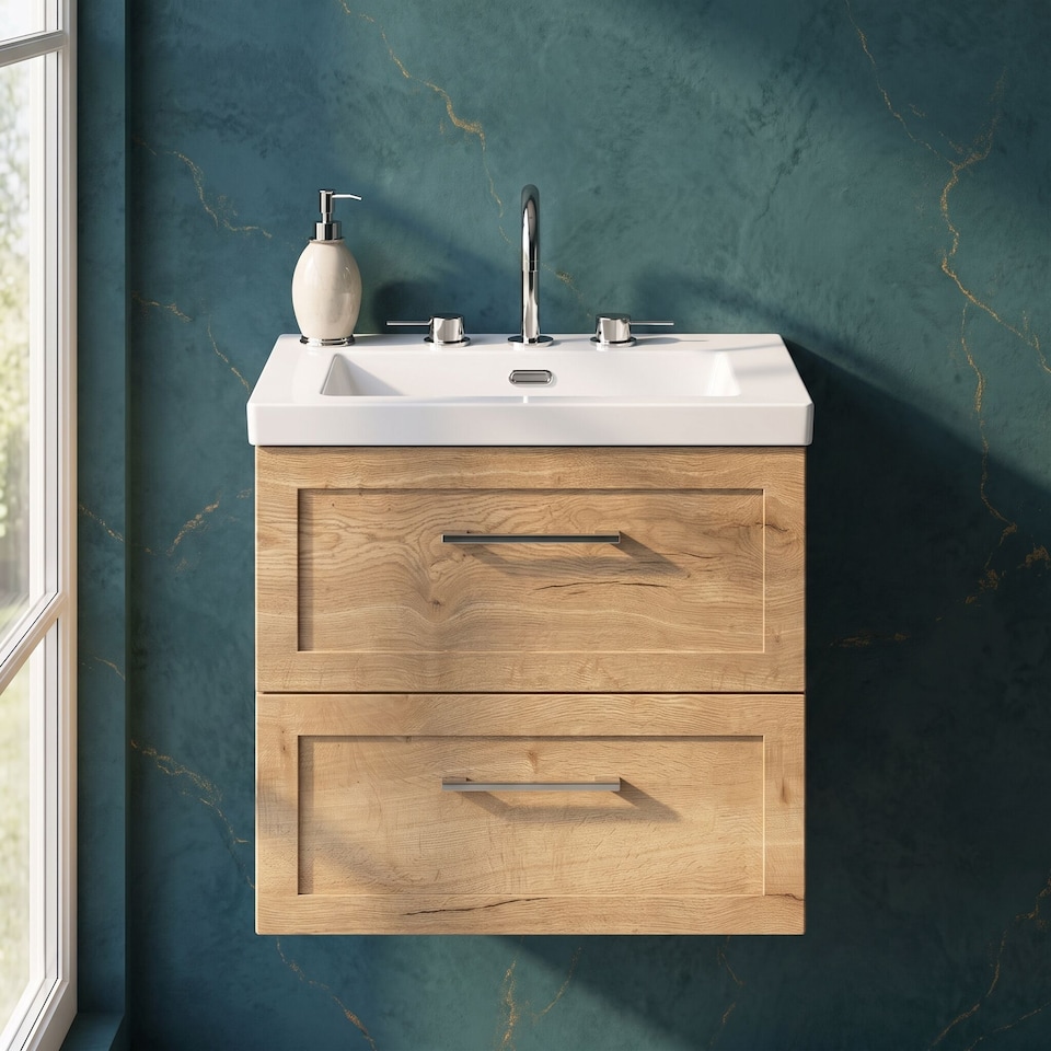image 1 of Balterley Stonnall Traditional Wall Hung 2 Drawers Vanity Unit with 3 Tap Hole Fireclay Basin, 600mm, Autumn Oak
