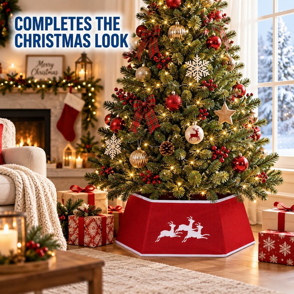 image 1 of 26.8 Inch Hexagonal Fabric Christmas Tree Collar Foldable Red Burlap Cover for Tree Stands