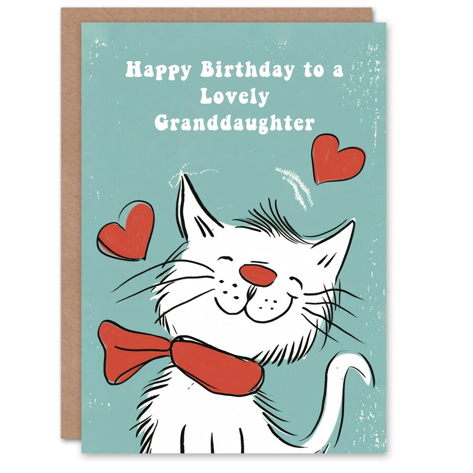 image 1 of White Scarf Drawing Love Hearts Cat Granddaughter Birthday Card