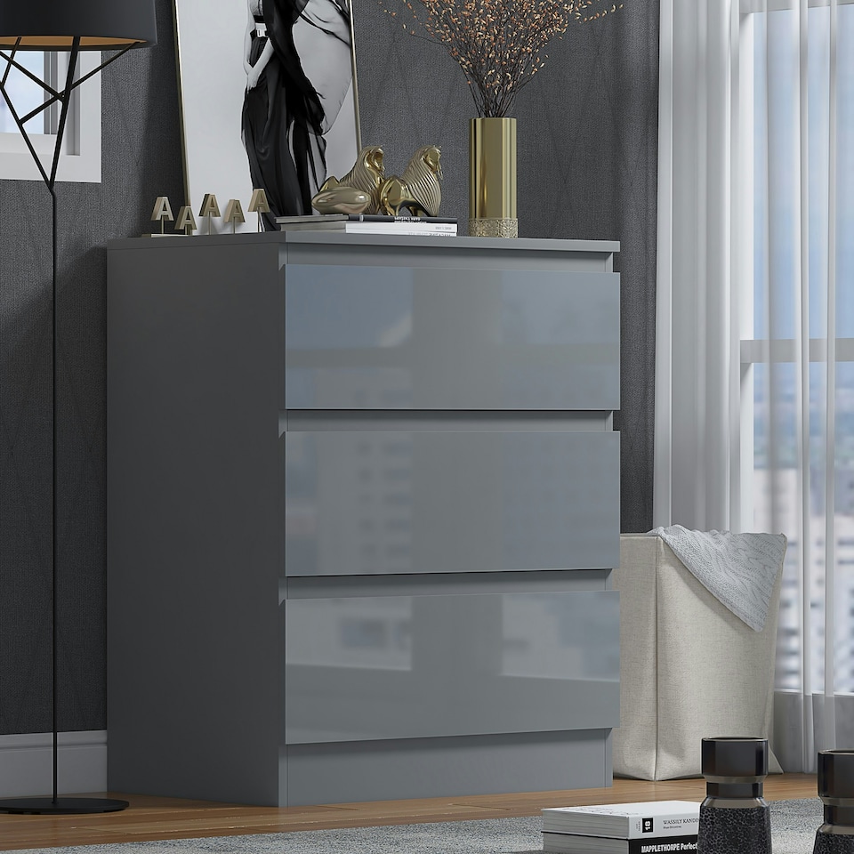 image 1 of FWStyle Stora 3 Drawer Chest of Drawers - Grey Gloss Front