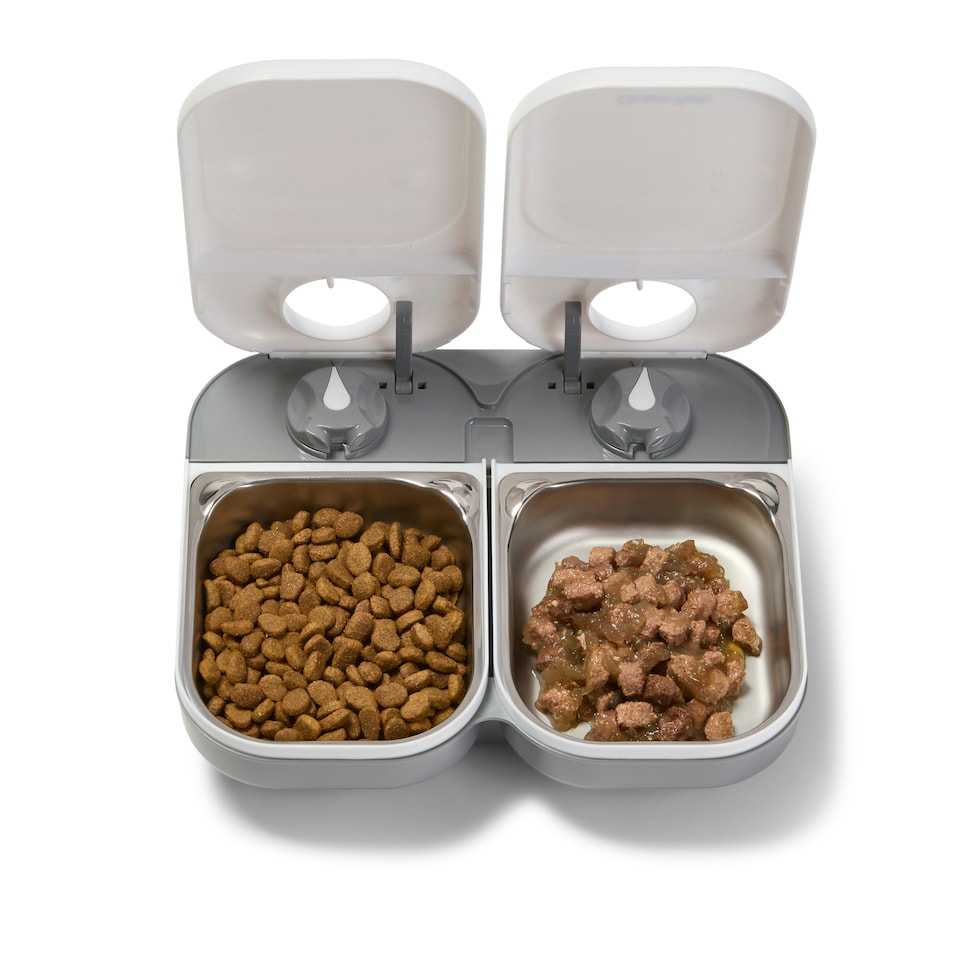 image 1 of Closer Pets Two-Meal Automatic Dry/Wet Food Pet Feeder with Stainless Steel Bowl Inserts (C200) White