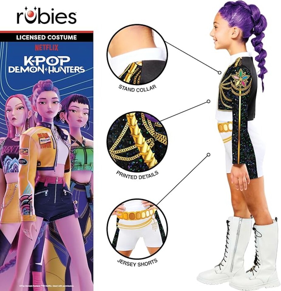 image 1 of Rubie's Official Netflix K-Pop Demon Hunters Deluxe Rumi Costume | Top & Shorts with Printed Design | Girls Fancy Dress | Officially Licensed Golden Child Halloween Costume | Kids Sizes