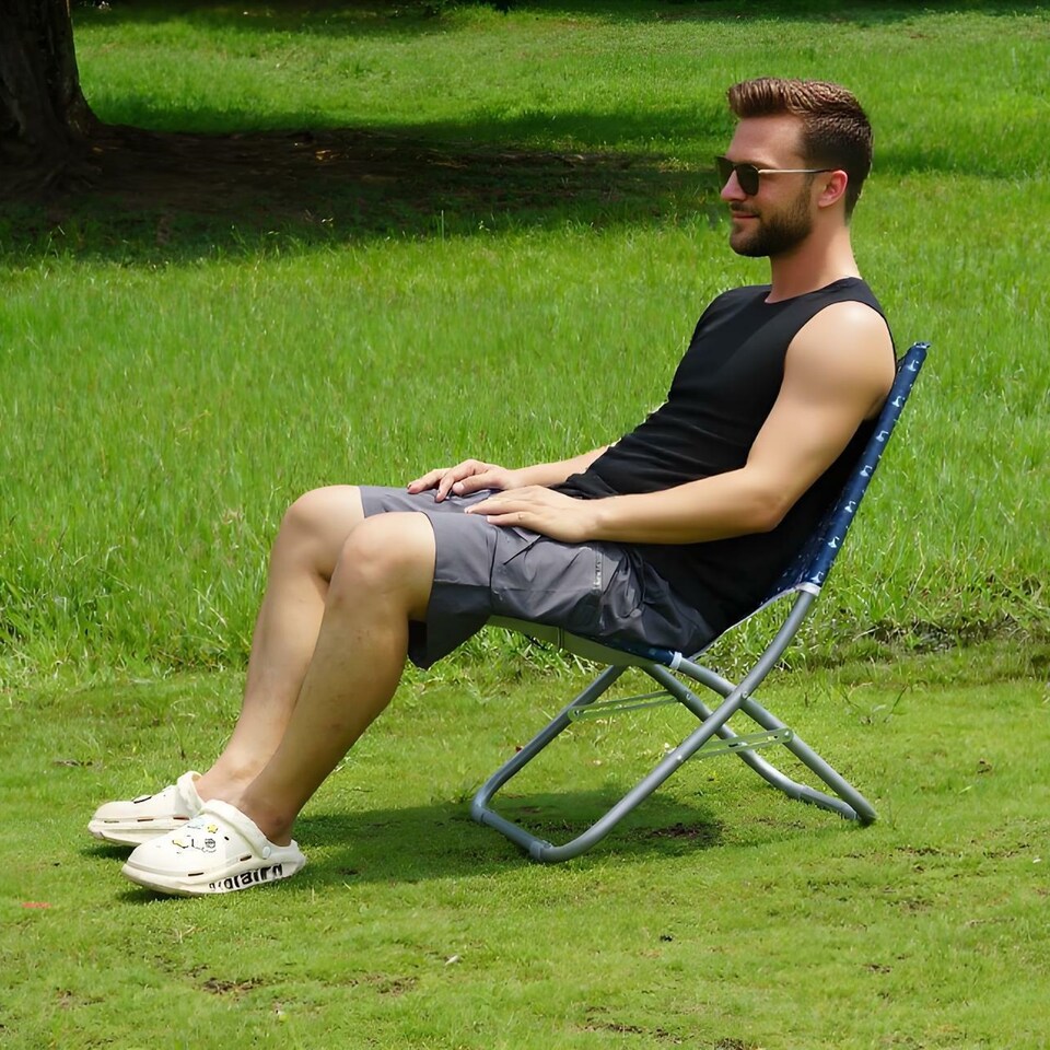 image 1 of Gr8 Garden Adult Blue Folding Beach Chair Portable Metal Garden Patio Fishing Camping Seat