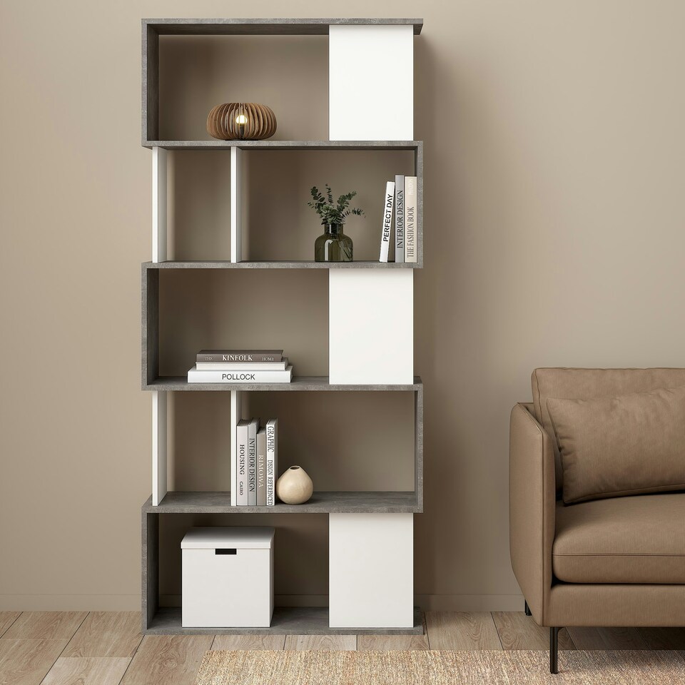 image 1 of Maze Open Bookcase 4 Shelves in Concrete and White
